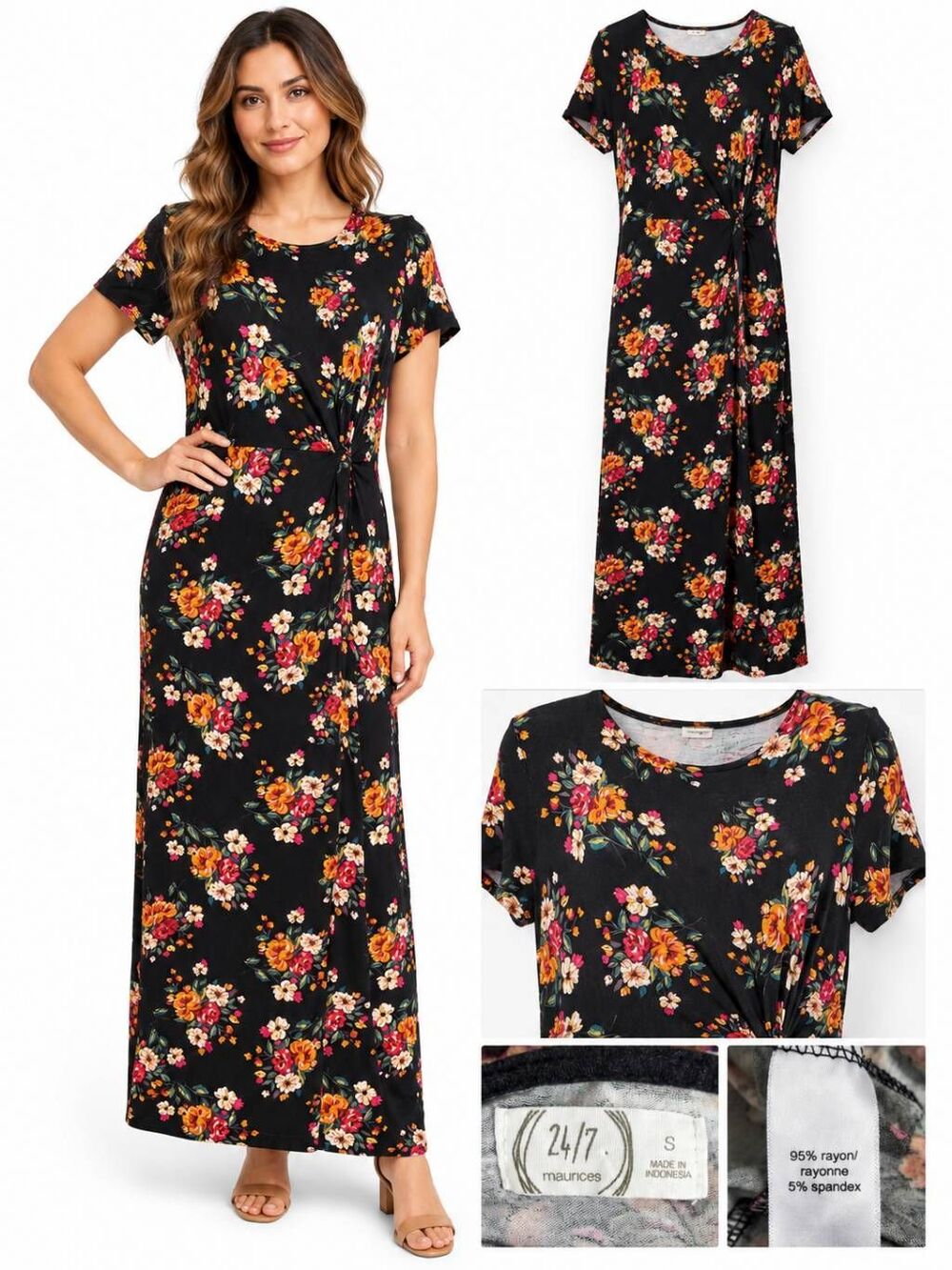 Maurices S Black Floral Maxi Dress Short Sleeve Stretch Slit Side